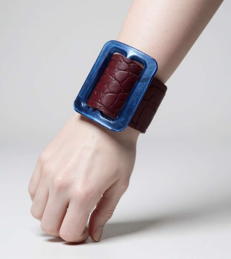 Manchette cuir bordeaux & marine – Boucle vintage