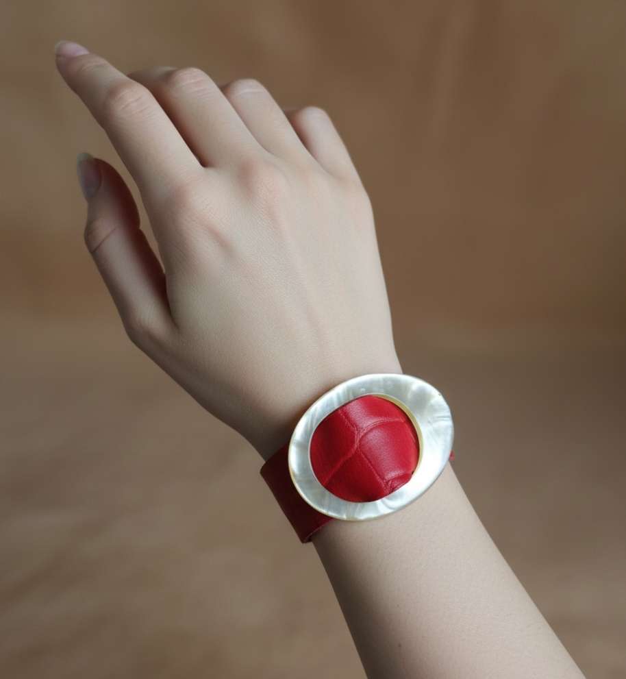 manchette cuir, bracelet cuir rouge, boucle vintage, bijou artisanal, cuir recyclé, création française, Dordogne