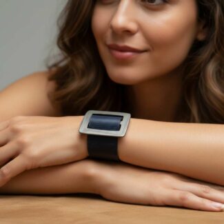 manchette cuir noir, bracelet cuir artisanal, boucle vintage grise, cuir recyclé, bijou fait main, création française, Dordogne