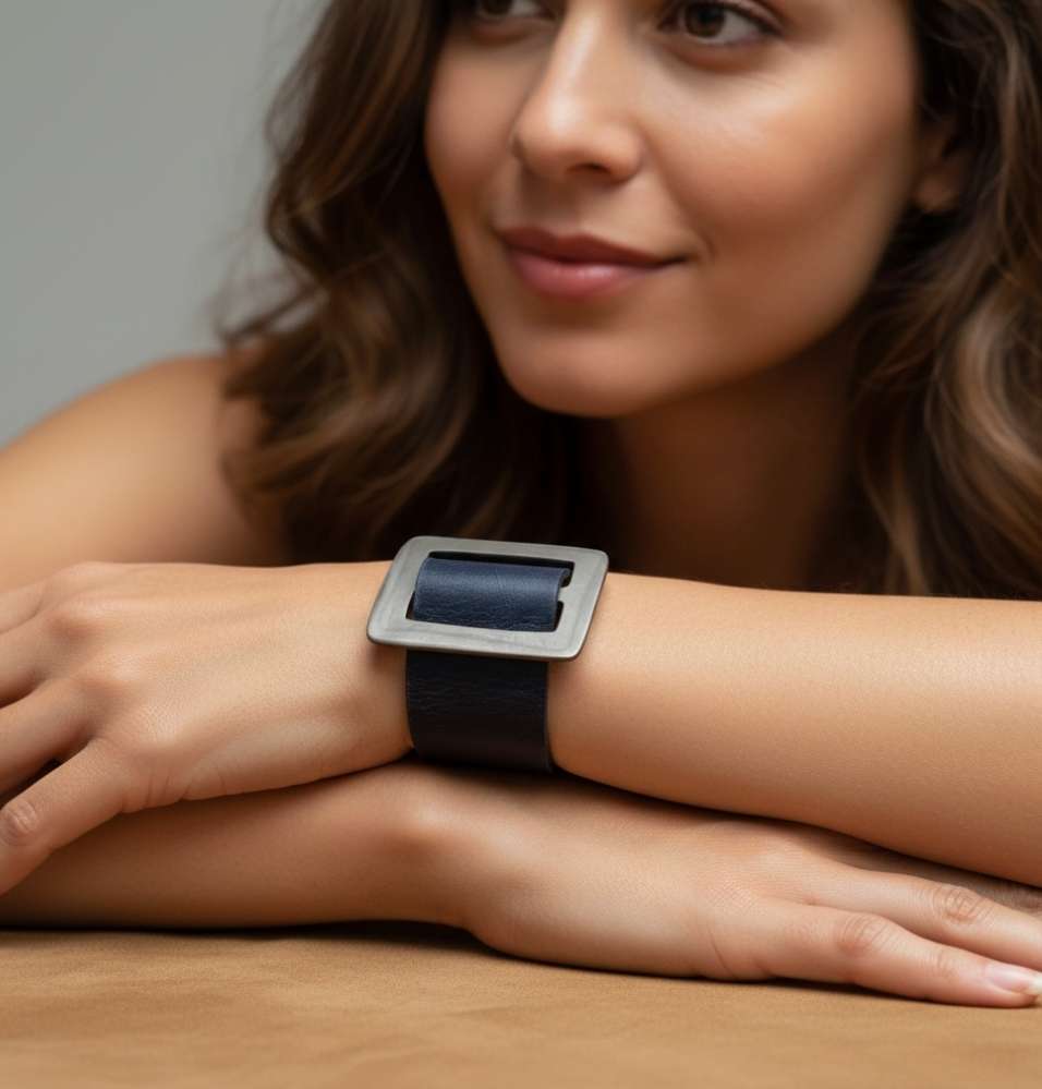 manchette cuir noir, bracelet cuir artisanal, boucle vintage grise, cuir recyclé, bijou fait main, création française, Dordogne