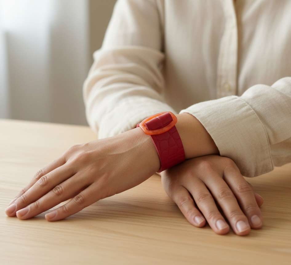 manchette cuir, bracelet cuir rouge, boucle orange, bijou artisanal, cuir recyclé, création française, Dordogne